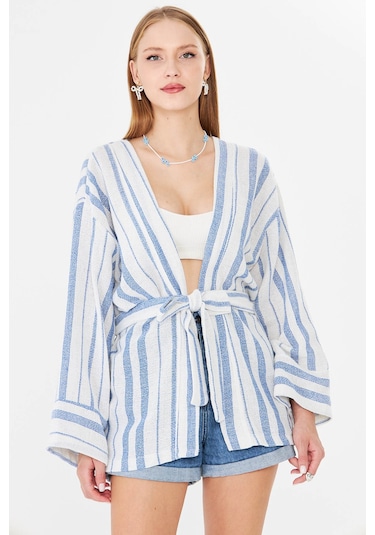 Armonika Kadın Saks Kemerli Kimono Arm-25y001073