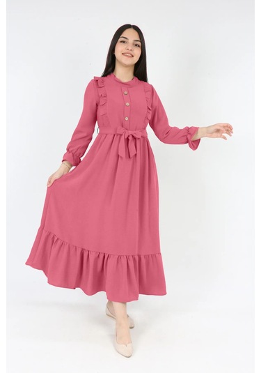 Kız Cocuk Uzun Elbise Aerobin Keten Kumaş Tesettür Uzun Boydan Elbise Gül Kurusu