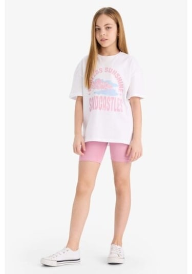 DeFacto Kız Çocuk 2'li Takım Baskılı Kısa Kollu Tişört Biker Tayt E5694A825HSPN454 Pembe