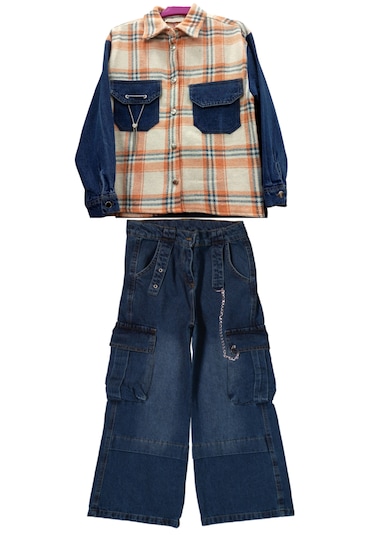 Kız Çocuk Turuncu Renk Kareli Oduncu Gömlek Ve Bol Paça Kot Pantolon İkili Takım Turuncu