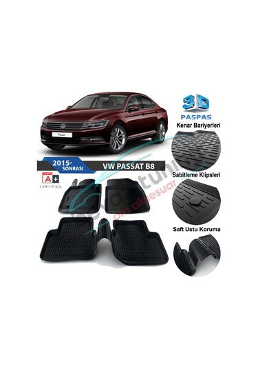 Volkswagen Passat B8 Havuzlu 3D Paspas Niken Siyah 2015 Sonrası