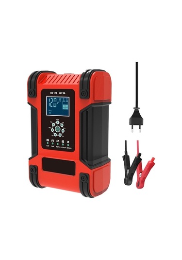 12v 24v 12a 7 Kademeli Otomatik Akıllı Akü Şarj Cihazı Çok Fonksiyonlu Araç Akü Kırmızı