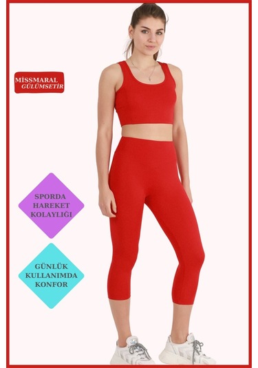 Kadın Kapri Tayt Kırmızı Diz Altı Yüksek Bel Toparlayıcı Dar Paça Karyoka Dikiş Detaylı Capri 1020 Kırmızı