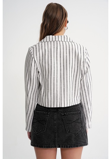 4641 Kadın Keten Çizgili Crop Ceket Siyah Siyah