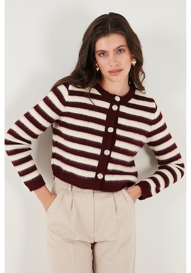 Lela Çizgili Oversize Fit Bisiklet Yaka Düğmeli Crop Triko Bayan Hırka 4615567 Bordo
