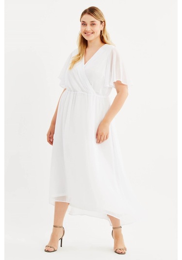 Anvelop Pelerin Kol Şifon Elbise-1512 Beyaz