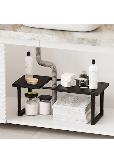 Ayarlanabilir Dolap Lavabo Altı Düzenleyici Raf Siyah