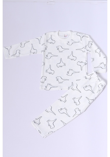 Hçm Bebek Pamuk Pijama Takımı Tenkli Baskılı Bisiklet Yaka A2 Krem