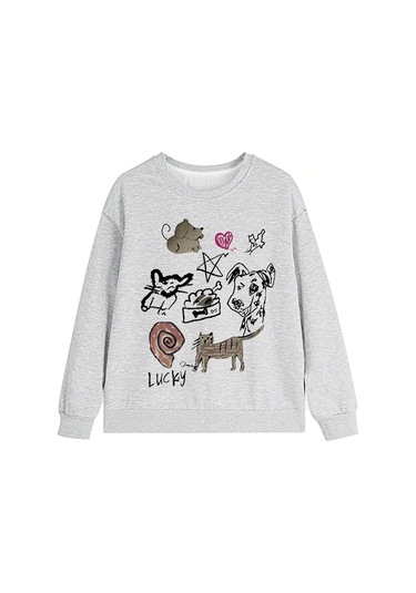 Karikatür & Harf Grafik Düşük Omuz Oversize Sweat-trzksw3820 Açık Gri