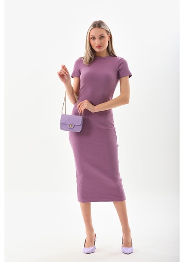 Mor Kısa Kollu Diz Altı Fitilli Esnek Kalem Elbise - 130 Cm