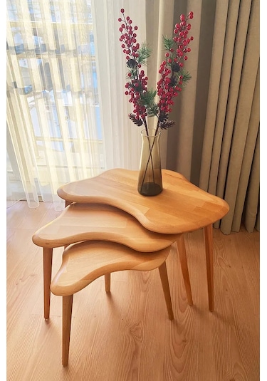 Fawdecor Asimetrik Naturel Masif Doğal Ahşap Zigon Sehpa 3'lü Set