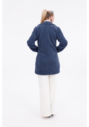 Düğmeli Cepli Kadın Peluş Kaban İndigo