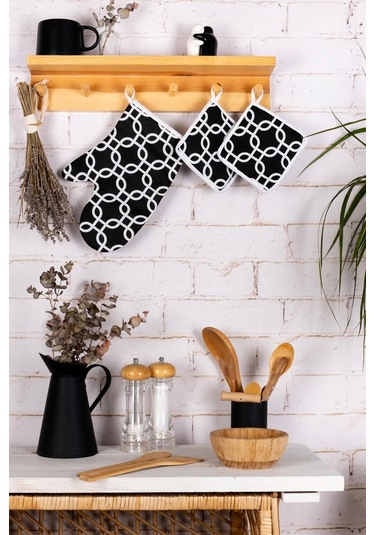 6 Parça Mutfak Seti & Mutfak Önlüğü , Fırın Eldiveni , 2li Tutacak , Organizer Poşetlik , Demlematiksiyah Zincir