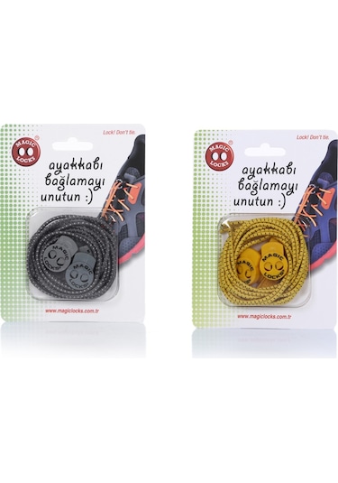 Magic Locks Yuvarlak Akıllı Ayakkabı Bağcık 2'li Set Gri-Sarı