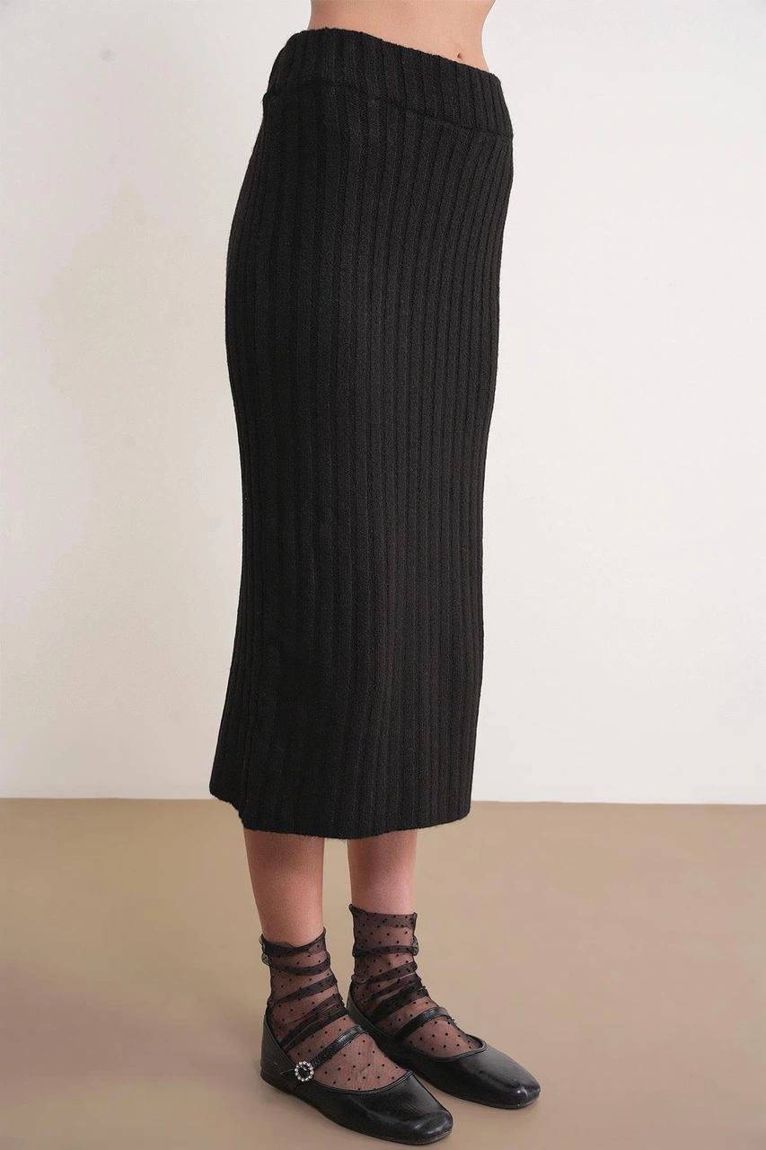 6929 Kadın Fitilli Triko Etek Siyah Siyah