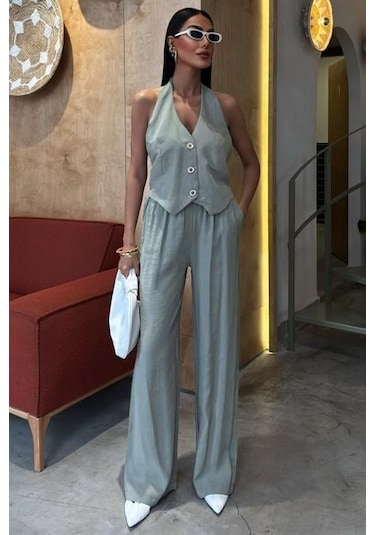 Moderie Butik Halter Yaka Yelekli Modal Takım 10144 Oli Ve