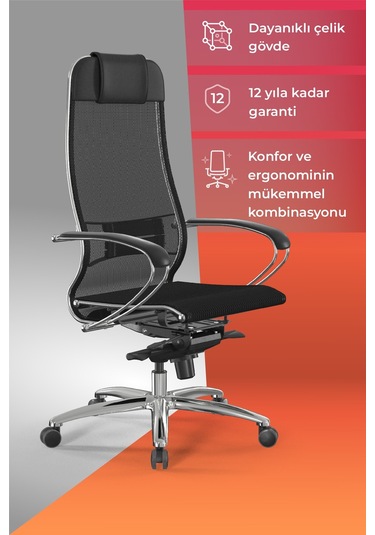 Samurai Ergonomik Koltuk Bel Destekli, Tekerlekli, Krom Ayaklı, Siyah, Fileli Yönetici Koltuğu -5.2.1.49 Çok Renkli