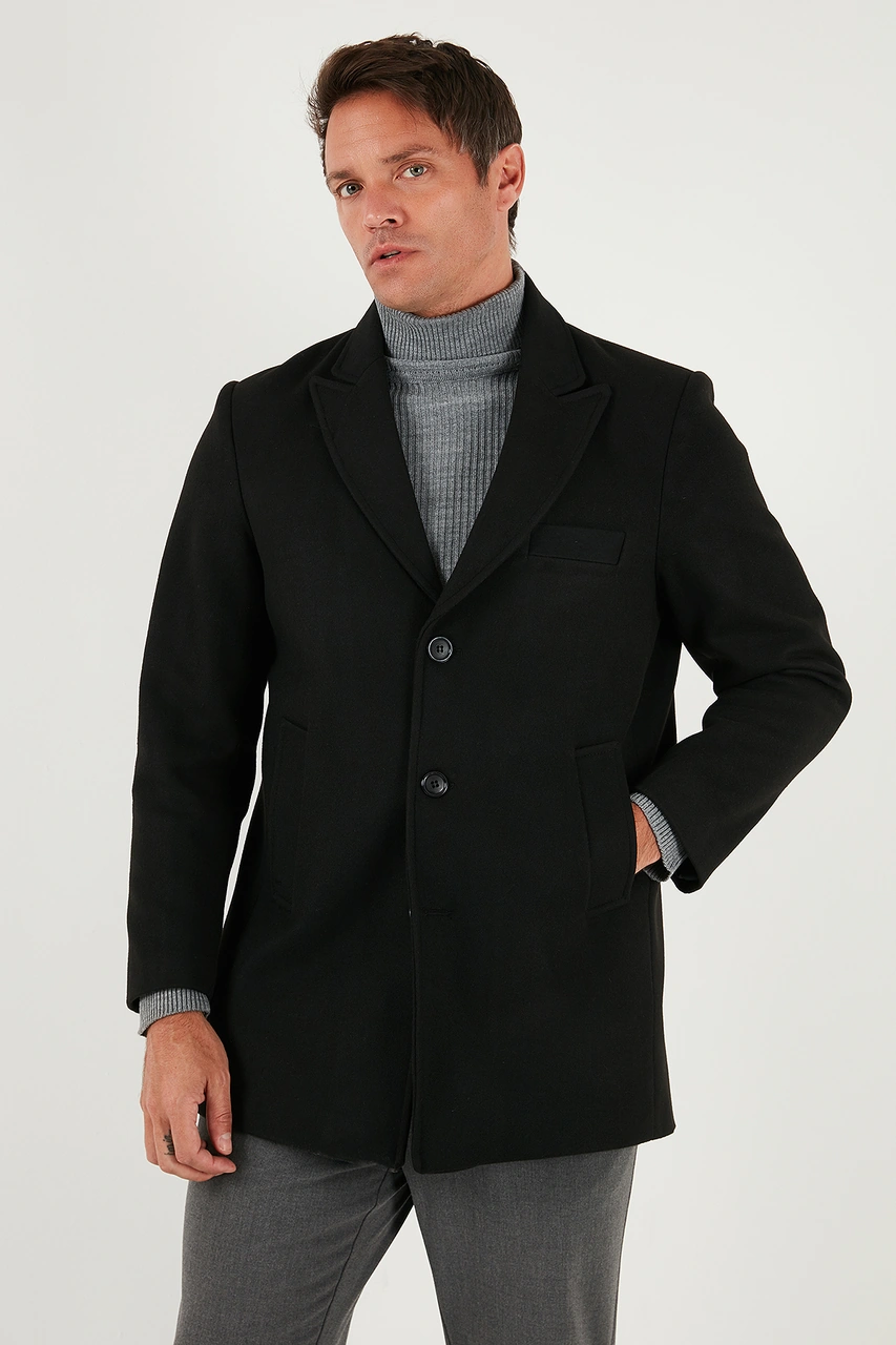 Buratti Slim Fit Apaş Yaka Astarlı Kaşe Erkek Kaban 584K1217 Siyah