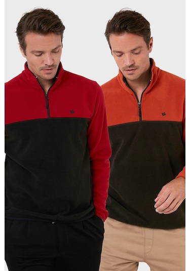 Buratti Regular Fit Anti-Pilling Tüylenme Yapmayan Dik Yaka Şardonlu 2'Li Paket Erkek Polar 5906016S2 Oranj-Bordo