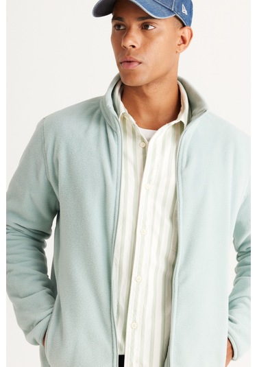 AC&Co / Altınyıldız Classics Standart Fit Fermuarlı Bato Yaka Polar Erkek Ceket Açık Yeşil