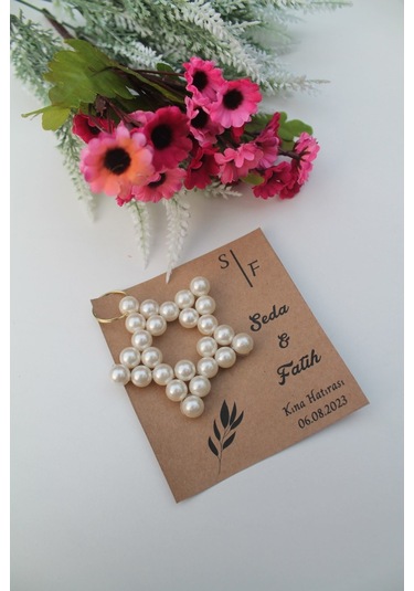 40 Adet Bohem Kartlı İnci Yıldız Anahtarlık - Nişan Hediyesi - Kı