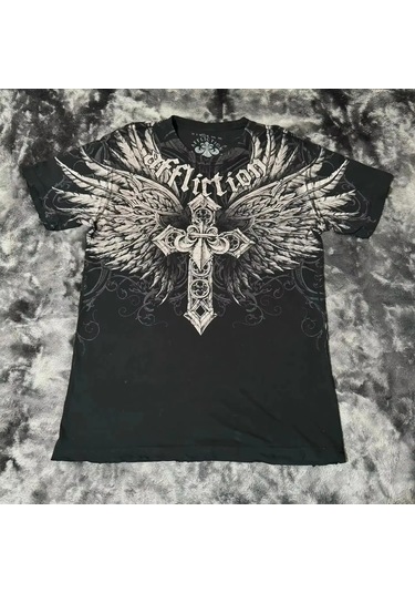 Snapbuy Büyük Grunge Kanatlı Erkek Kısa Kollu Pamuk T Gömlekkoyu Gri Koyu Gri