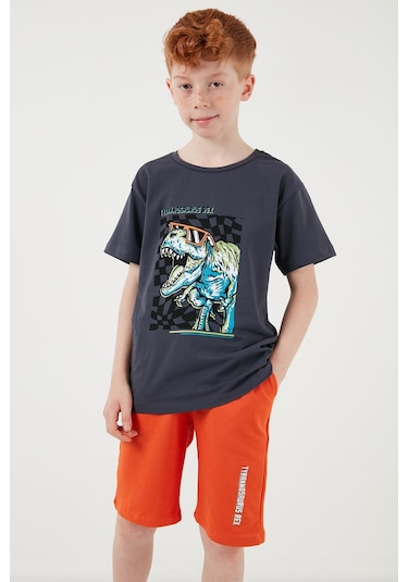 Lela Pamuklu Regular Fit Bisiklet Yaka Şortlu Alt-Üst Erkek Çocuk Takım 6212016 Füme