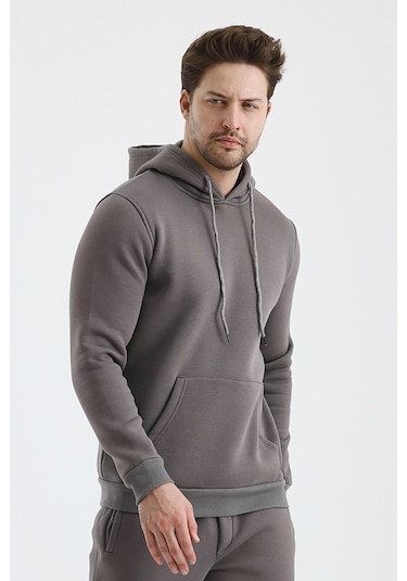 Monox Erkek Kapşonlu 3 İplik Sweatshirt Füme