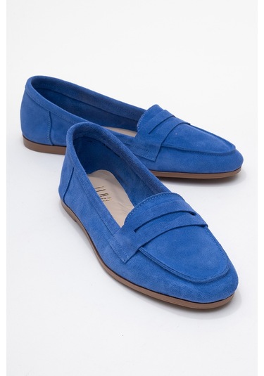 F02 Mavi Süet Hakiki Deri Kadın Loafer Ayakkabı Mavi