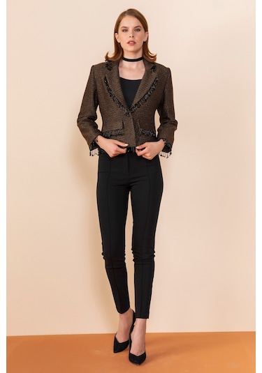 Serpil Exclusive Kadın Püskül Detaylı Kısa Blazer Ceket Kahve