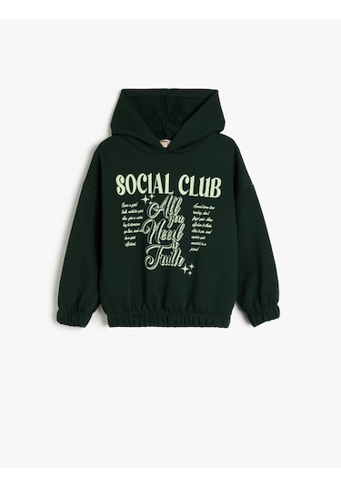 Koton Kapşonlu Slogan Baskılı Uzun Kollu Pamuklu Sweatshirt Yeşil 5wkg10655ak Yeşil