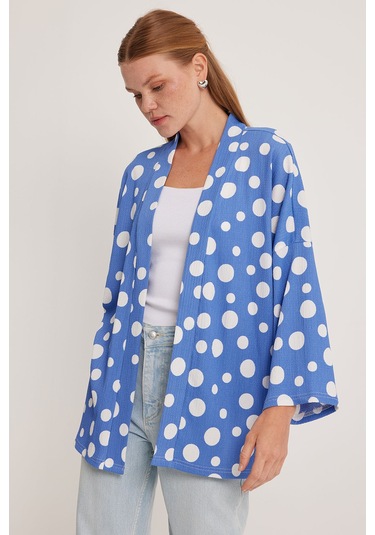 Bigdart Kadın Mavi Beyaz Puantiyeli Örme Kimono 5862 001