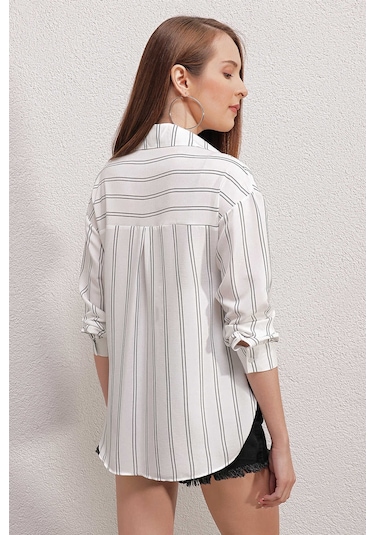 Gabria Çizgili Tek Cep Gömlek Beyaz