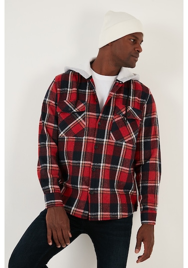 Buratti Ekoseli Çift Cepli Kapüşonlu Oduncu Erkek Gömlek Cf22W2650 Kırmızı-Lacivert