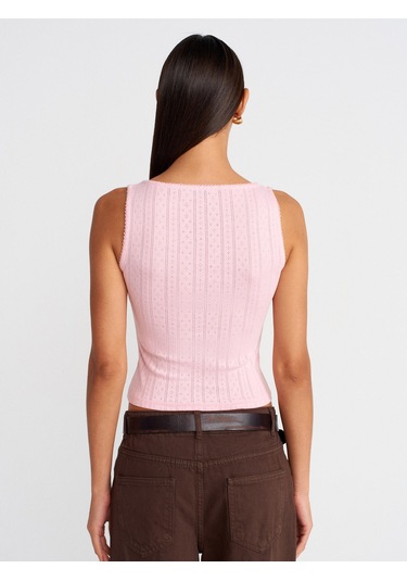 Dilvin 21069 Düğmeli Kare Yaka Top-toz Pembe Toz Pembe