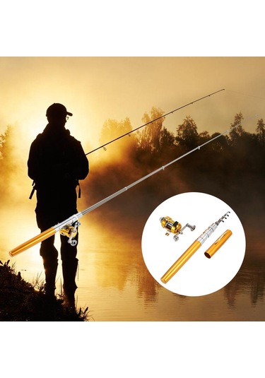 Olta Makarası Combo Kit Seti Mini Teleskopik Taşınabilir Cep Kalem Olta Direği + Makara Gold
