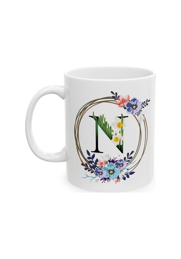 N Harf Baskılı Hediyelik Baskılı Porselen Beyaz Lüks Kupa Bardak Beyaz