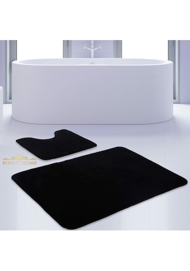 Bonny Home Unicolor Düz Siyah 2li Banyo Paspası Halısı Seti Kaymaz Siyah