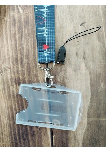Lacivert Ekg Kalp Ritmi Kart Askısı Yaka Kartı Boyun Askı İpi Telefon Askısı Yatay Dikey Kart Koruyucu
