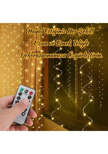 Upway 3x3 Metre Kumandalı 8 Modlu Askılı Usb 300 Led Işıklı Perde Gün Işığı Sarı