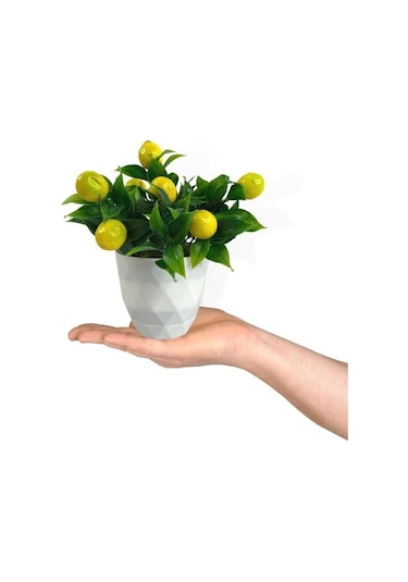 Yapay Çiçek Beyaz Saksıda Limon Dekoratif Masa Çiçeği 25Cm