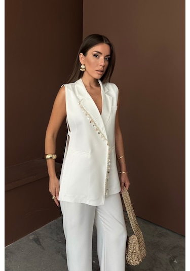 Yaka Midye Kabuğu Sıralı Yelek - Pantolontakım Keten Kumaş - Beyaz Beyaz