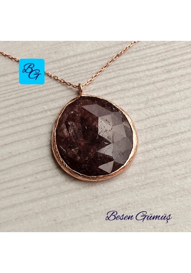 Rose Yuvarlak Doğal Yakut Taşlı Kolye Rose - Gold -  Gümüş