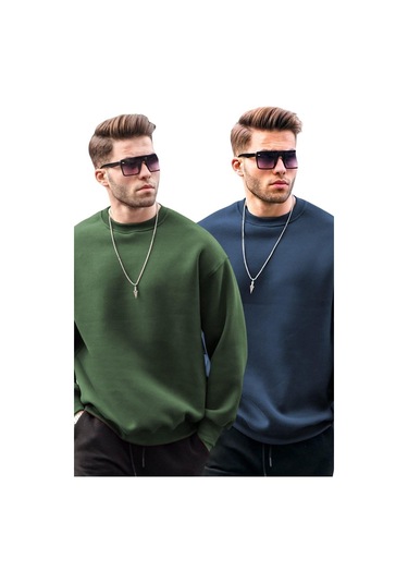 Madmext Haki/lacivert Bisiklet Yaka Oversize Şardonlu Basic Erkek 2'li Paket Sweatshirt E7447 Haki/lacivert