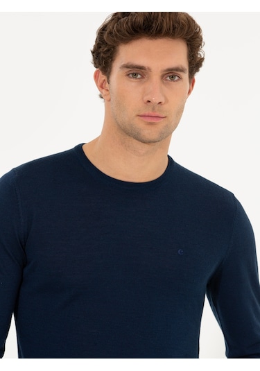Cacharel Lacivert Slim Fit Bisiklet Yaka Basic Triko Kazak