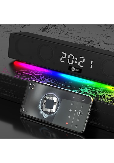 Lecoo DS103 Kablosuz Bluetooth 10W RGB Saat/Alarm Stereo Soundbar Hoparlör Siyah