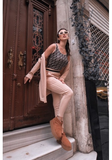 Gülsüm Aydın Kadın Uzun Kollu Krep Üçlü Takım Bej