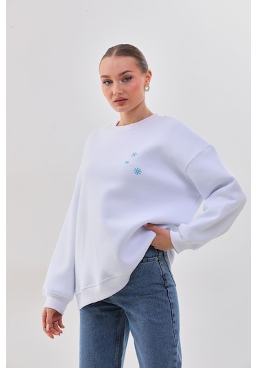 Kallima Oversize Baskılı İçi Polarlı Beyaz Kadın Sweatshirt Beyaz