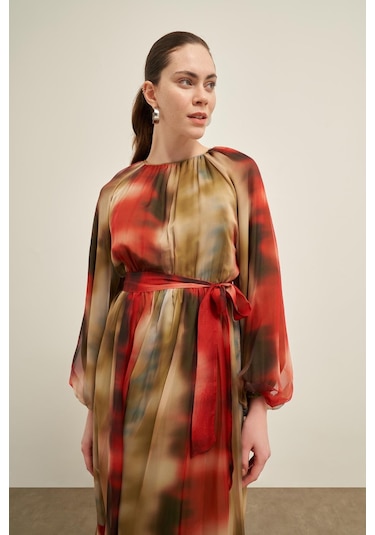 Ftz İpek Şifon Elbise Nar 31028 Nar