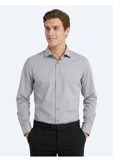 Kip Gri Regular Fit Uzun Dokuma Casual Pamuk Karışımlı Gömlek